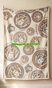 Versace Beige Brown Medusa All Over Print Flannel Sofa Throw Blanket IMG_1355